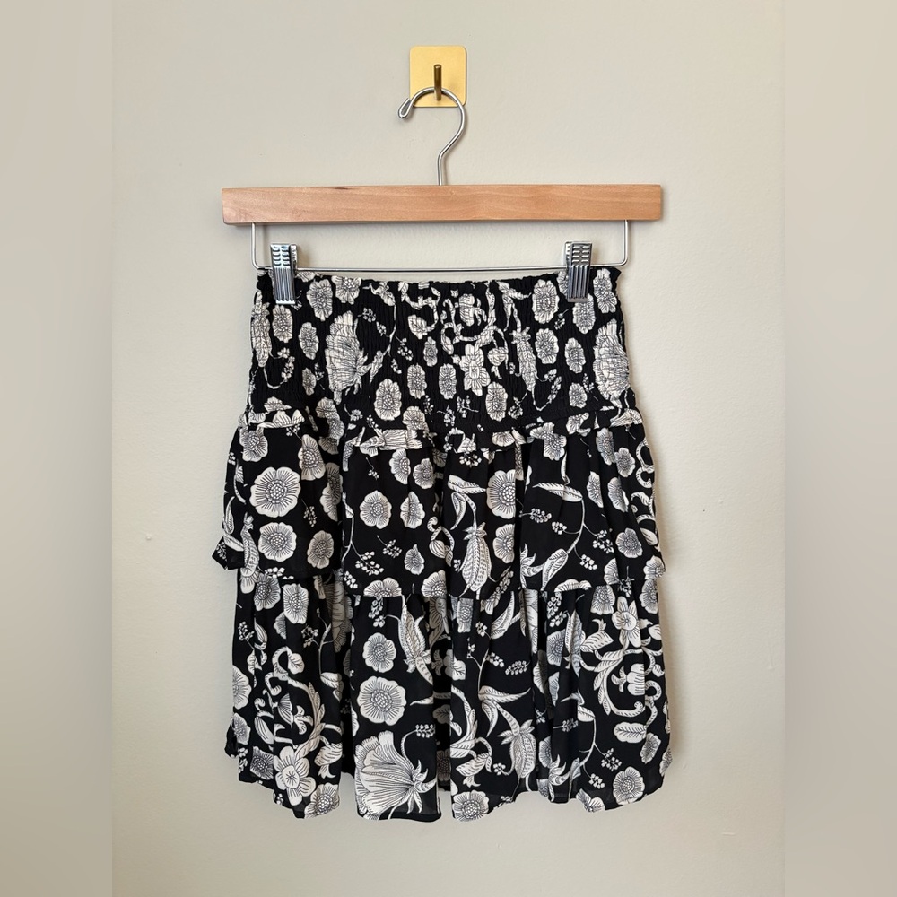 NWT XXS Anthropologie Black and Cream Floral Tiered Mini Skirt